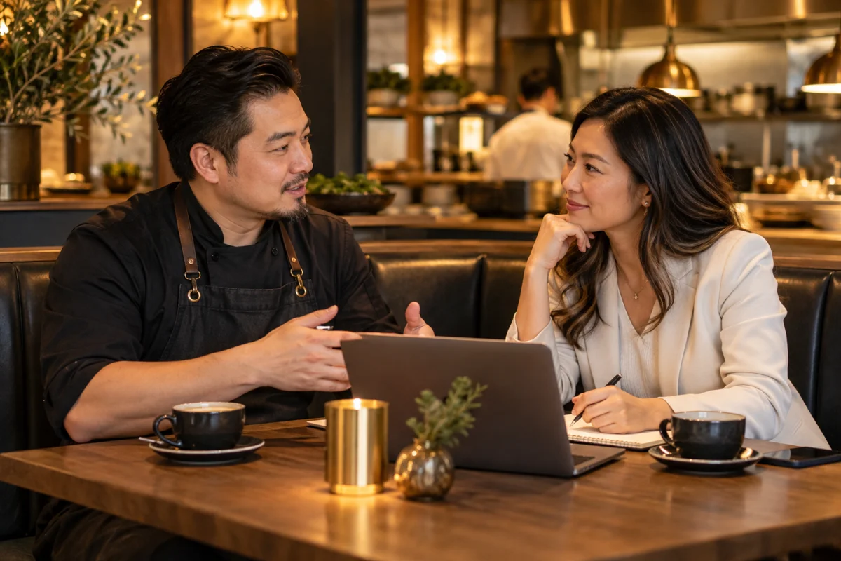 An Asian American man restaurant owner and an Asian American woman professional discussing plans over coffee in a restaurant booth