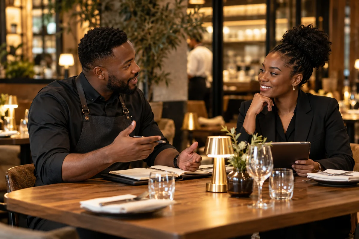 Black Hospitality Team A Black man and a Black woman, hospitality professionals sharing a friendly pre-service planning conversation at a restaurant table