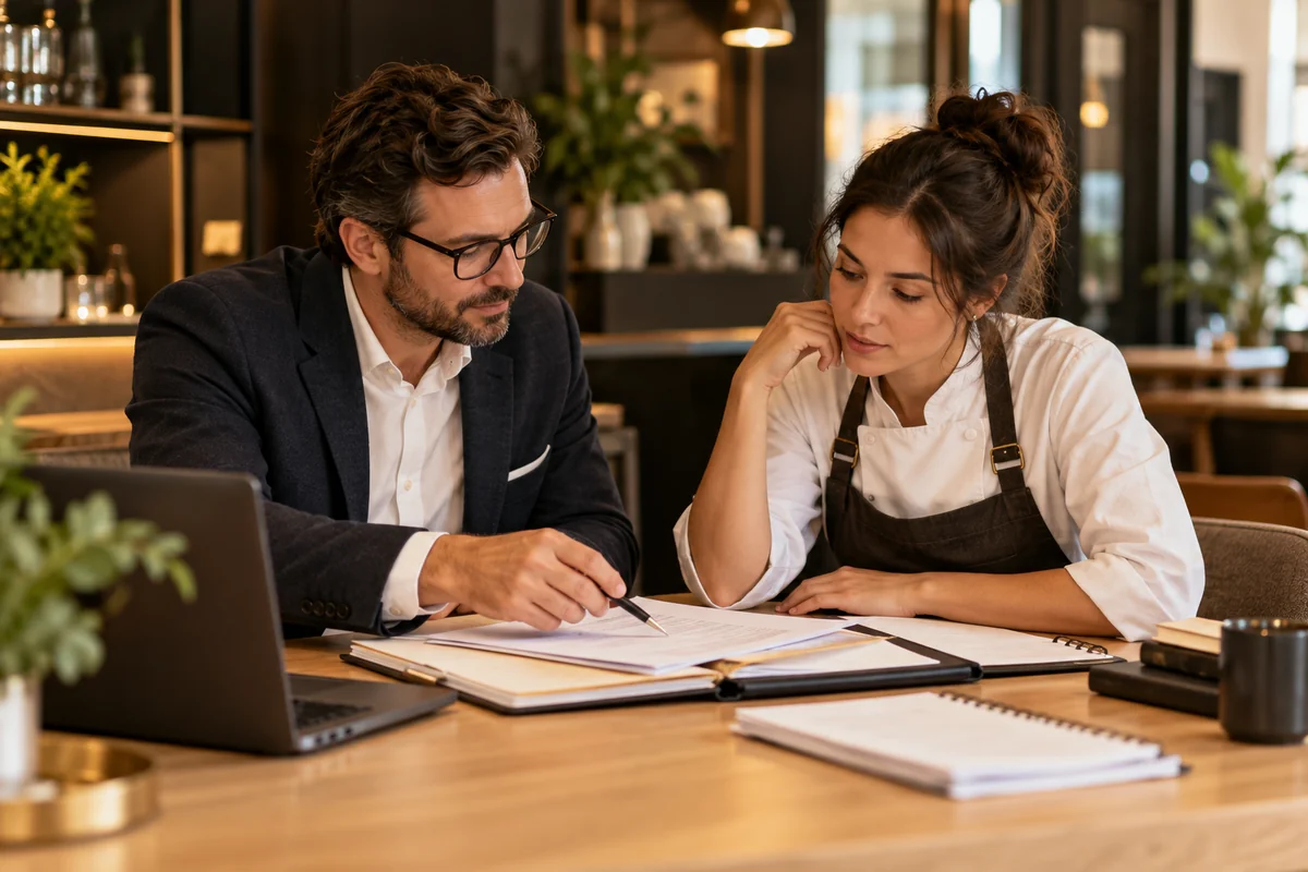 Credits Deductions Review A tax professional and hospitality worker review organized documentation