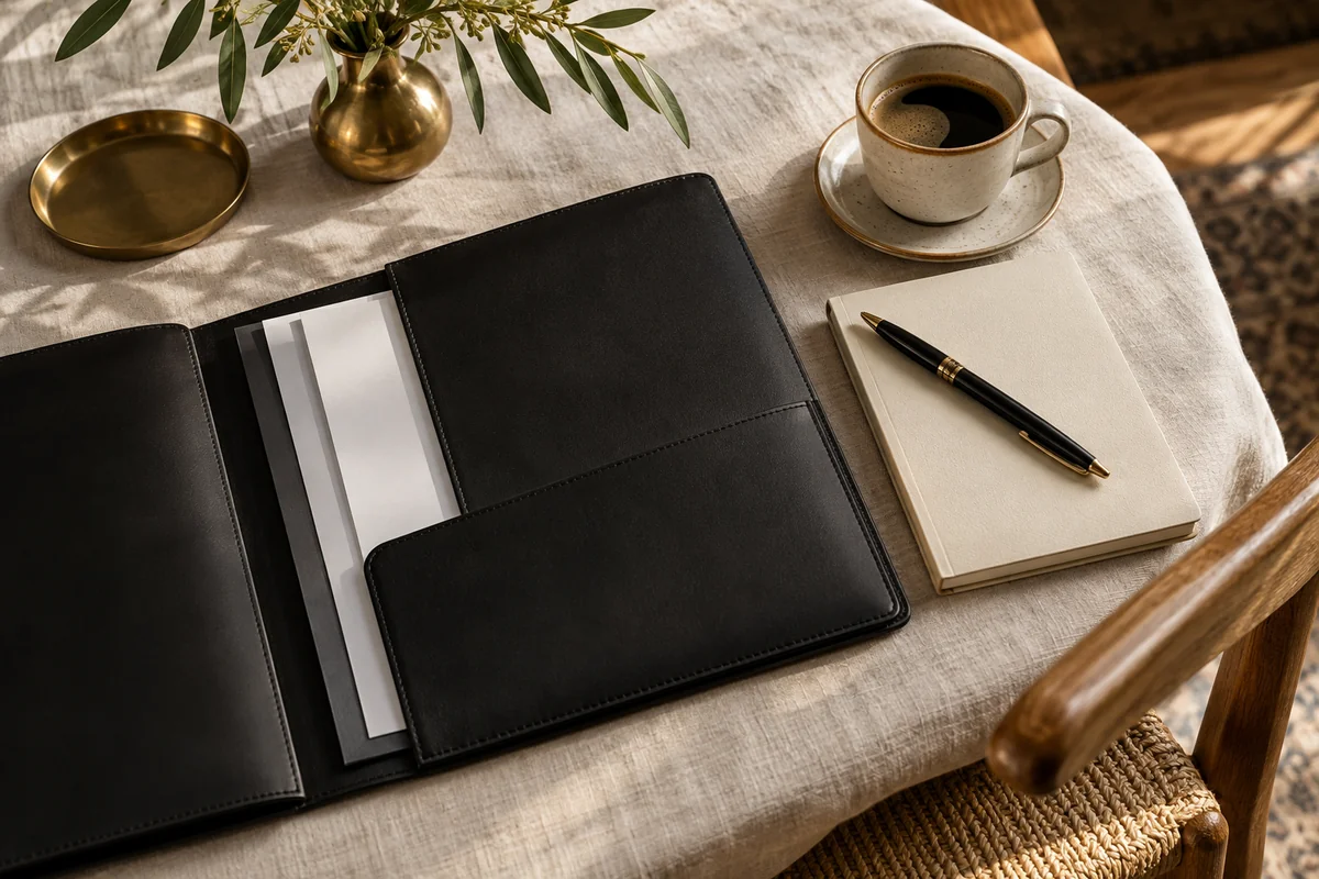 An organized document folder, notebook, pen and coffee on ivory linen