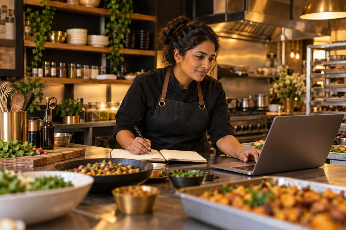 An Indian American woman chef reviewing a laptop and a plain notebook in her catering kitchen