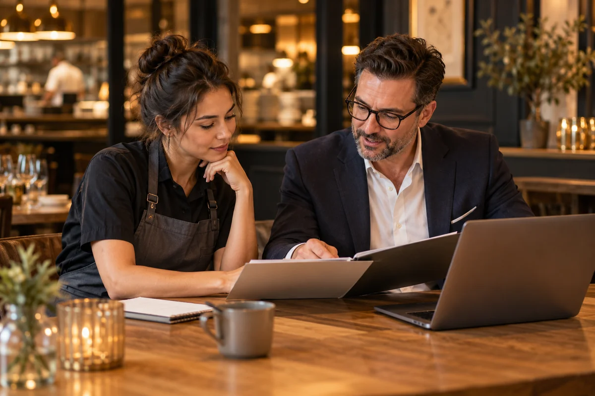 A restaurant worker and tax professional review a preparation folder at an oak table