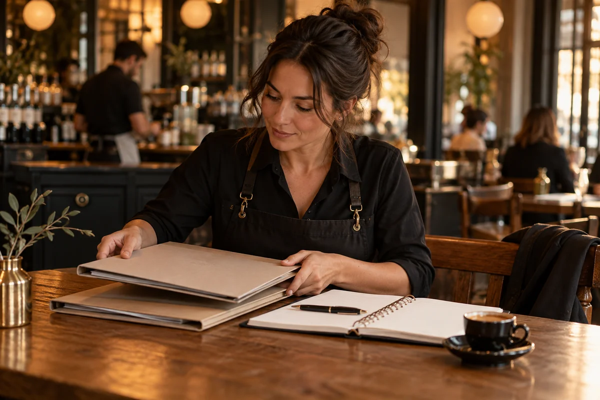 A hospitality worker organizes employer folders beside a planner and espresso