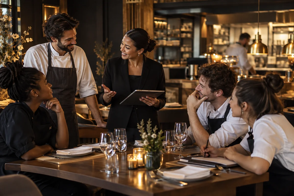 A restaurant team shares a briefing around a dining table before service