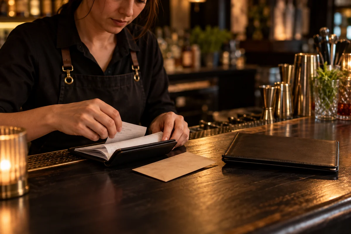A bartender organizes a receipt book and tip envelope after service